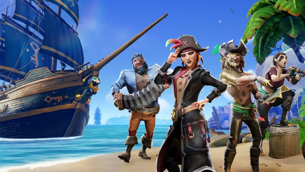 Pirates pose on a beach with a ship in the background in Sea of Thieves, a game like Skull and Bones.