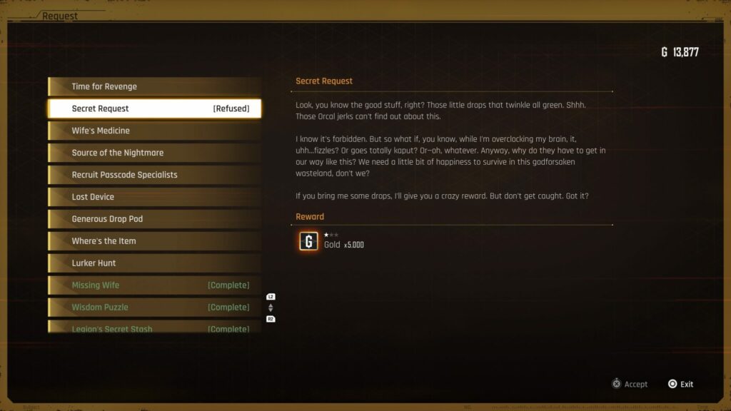 The Secret Request listing marked as Refused in Stellar Blade.