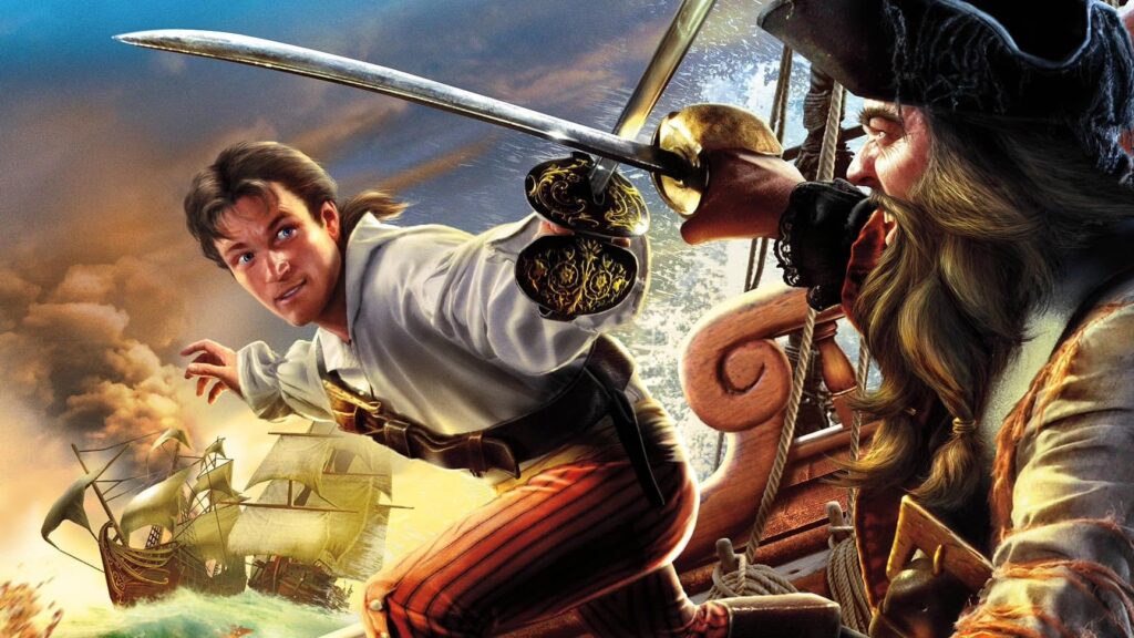 Two pirates have a sword fight on a ship in a promo image for Sid Meier's Pirates.