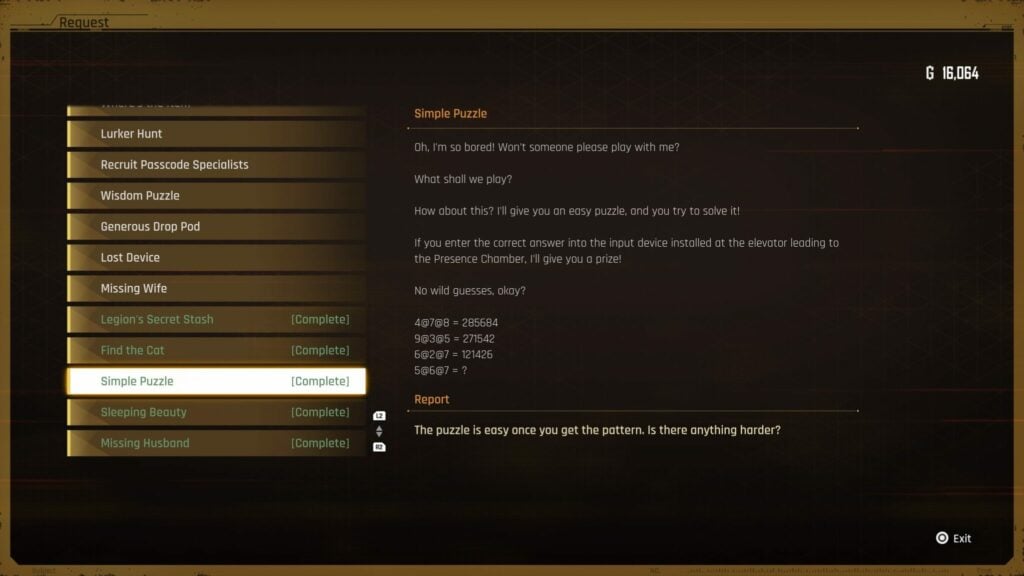 The Simple Puzzle request marked as completed in Stellar Blade.