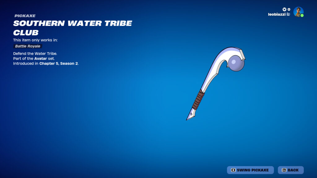 Soka's Southern Water Tribe Club as a cosmetic in Fortnite.