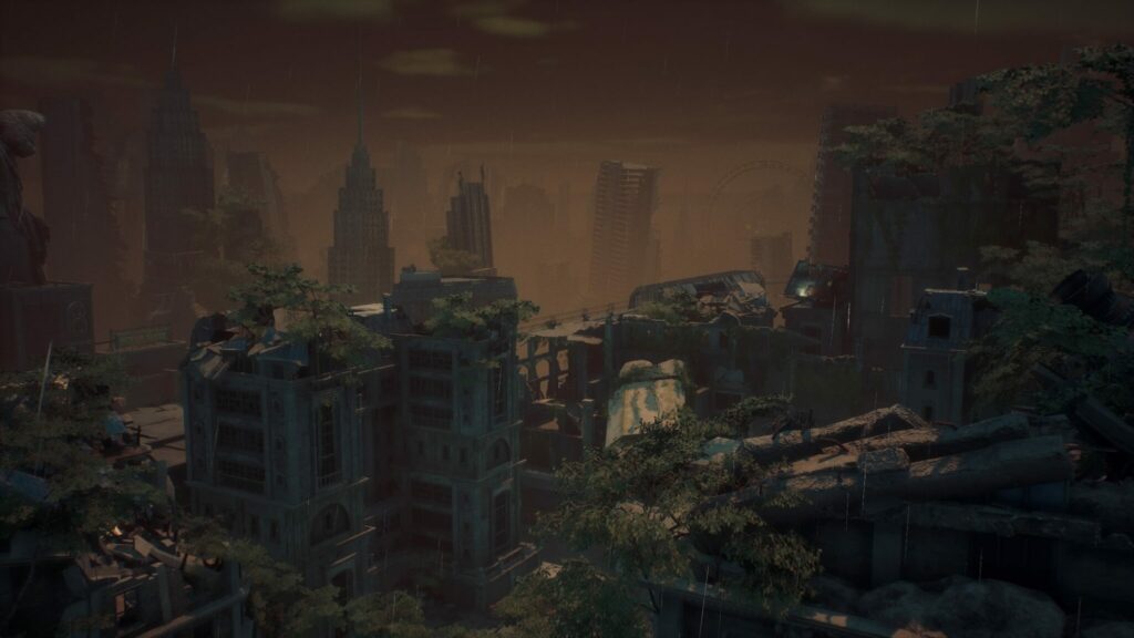 The skyline of Eidos 7 in Stellar Blade, without Photo Mode.