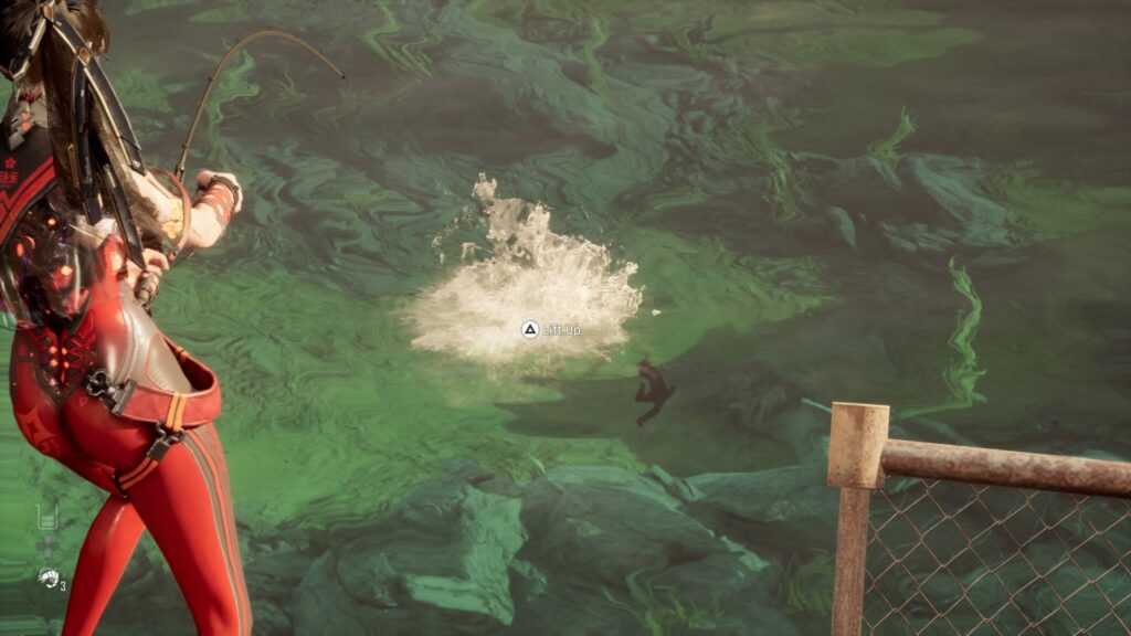 EVE can now press Triangle to lift up the fish out of the water and catch it.