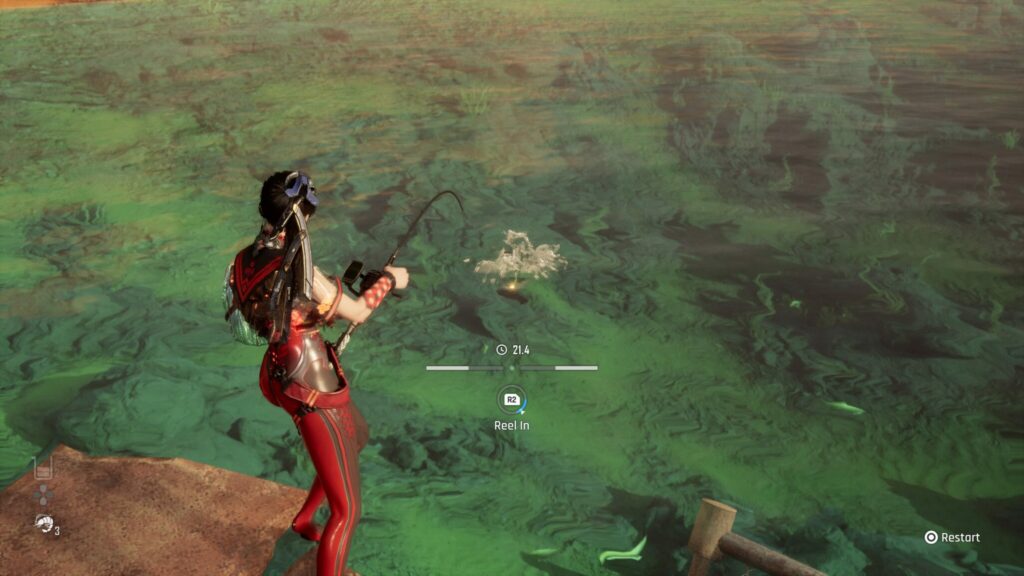 EVE must reel in the fish with the R2 button.