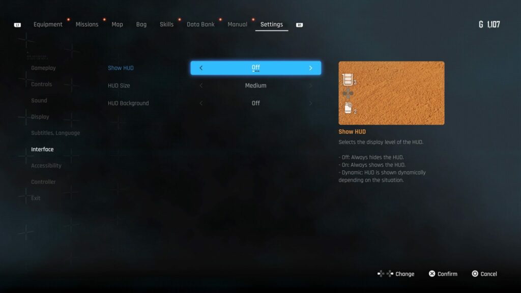 The Show HUD option toggled to Off in Stellar Blade.