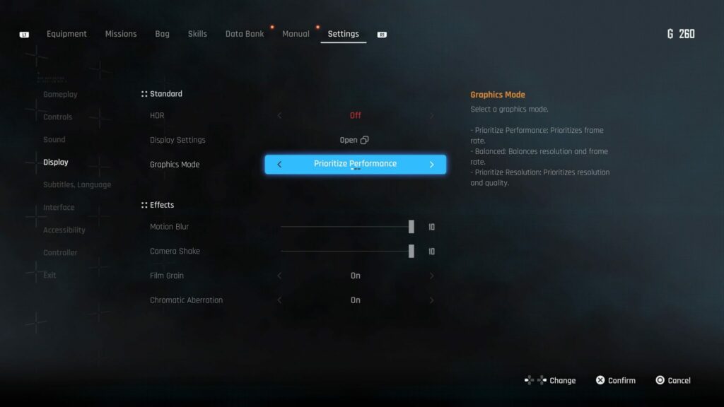 The Prioritize Performance graphics mode is chosen in Stellar Blade.
