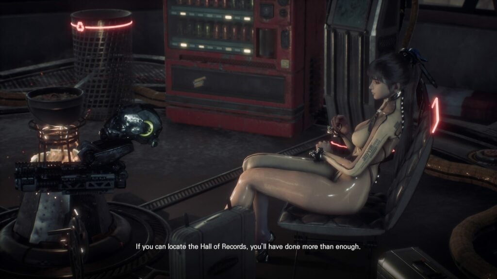 Stellar Blade's Eve sitting at supply camp talking to Adam