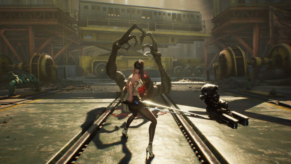 EVE stands before a boss she just defeats it.