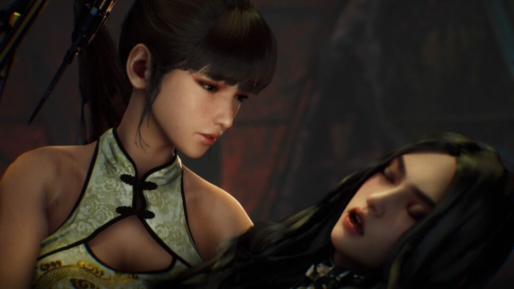 EVE holds Tachy as she dies in Stellar Blade.