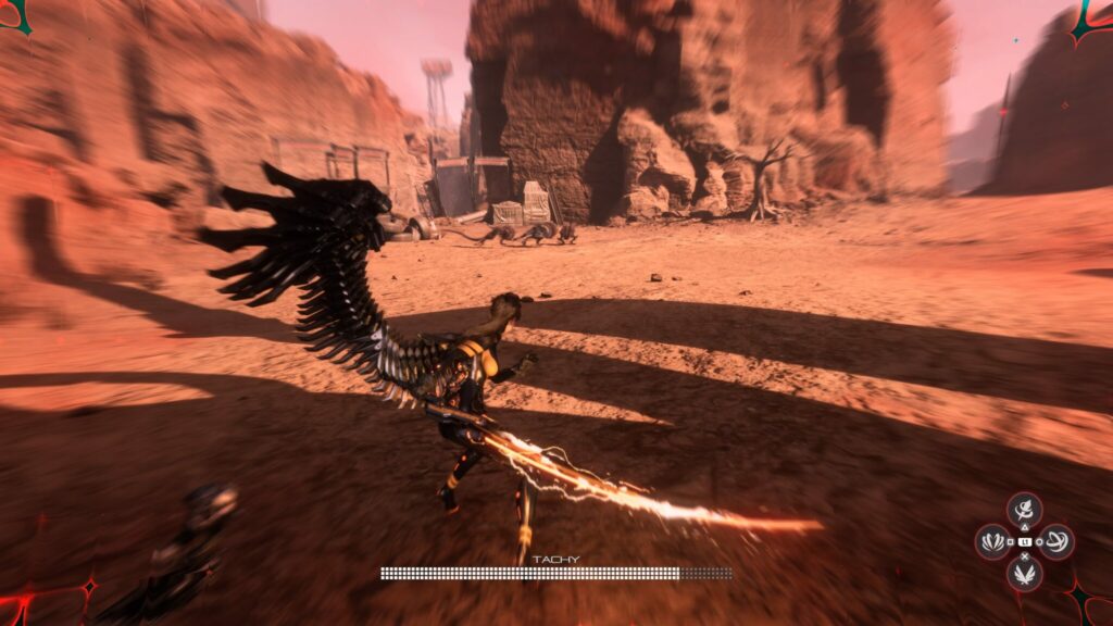 A wing protrudes out of EVE's back as she holds the Tachyon Blade, having activated Tachy Mode in Stellar Blade.