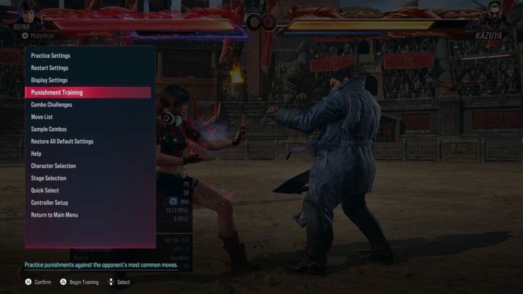 Game menu in Tekken 8 to start punishment training in the practice mode