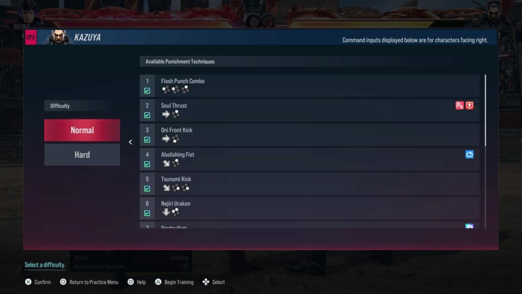 Movelist of Kazuya Mishima in the punishment training mode of Tekken 8