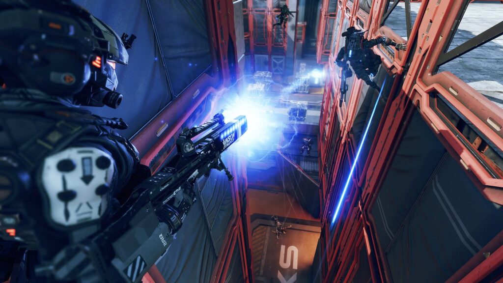A pilot shoots a shock rifle at another in Titanfall 2.