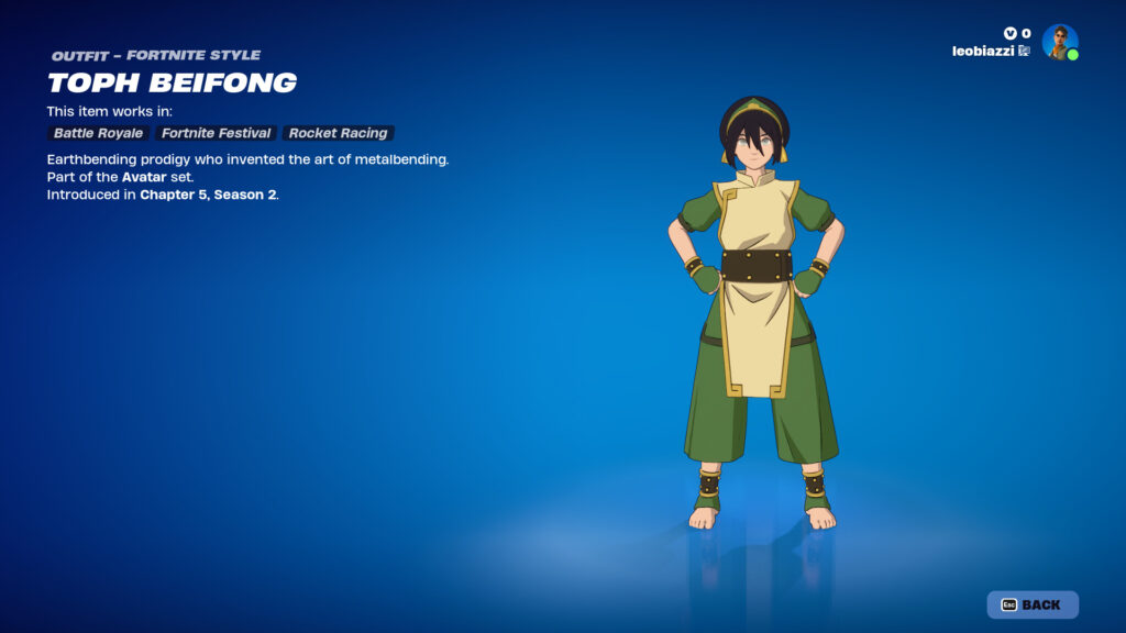Toph, a female character of TV show Avatar: The Last Airbender, displayed in Fortnite.