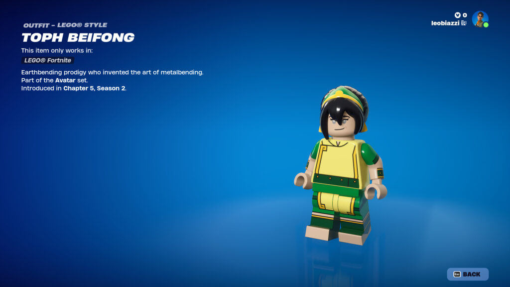 A LEGO representation of Toph from Avatar: The Last Airbender in Fortnite.