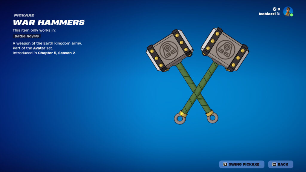 War Hammers, the weapon of the Earth Kingdom, as a Fortnite cosmetic