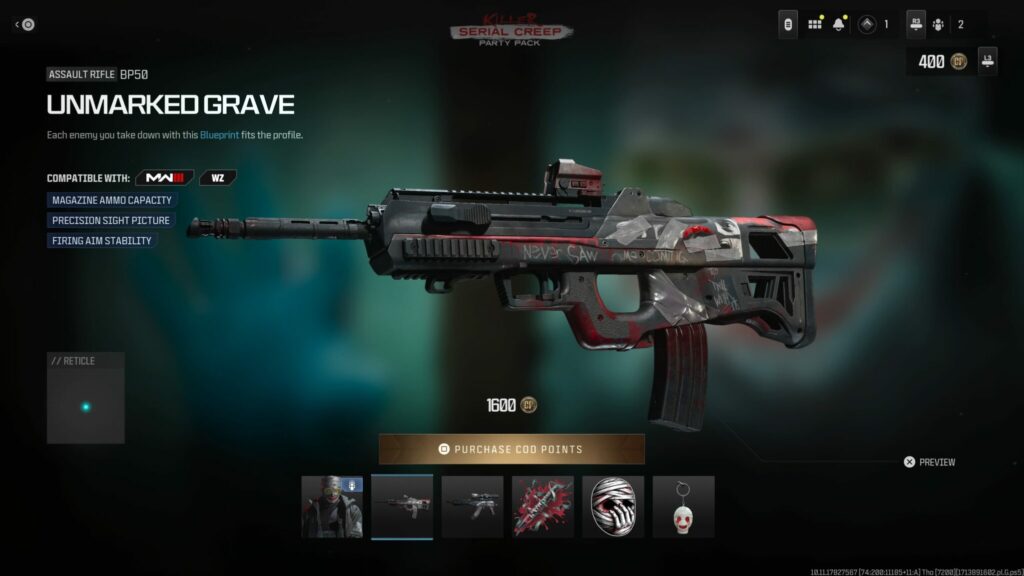 The Unmarked Grave weapon blueprint from the Call of Duty Killer: Serial Creep Party Pack.