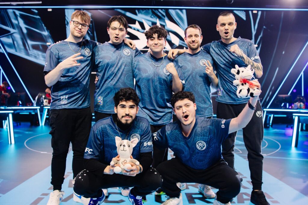 LEV, who plays NRG in Week 3, react onstage after victory against Sentinels during Week 2 of VCT Americas Stage 1 at the Riot Games Arena on April 13, 2024.