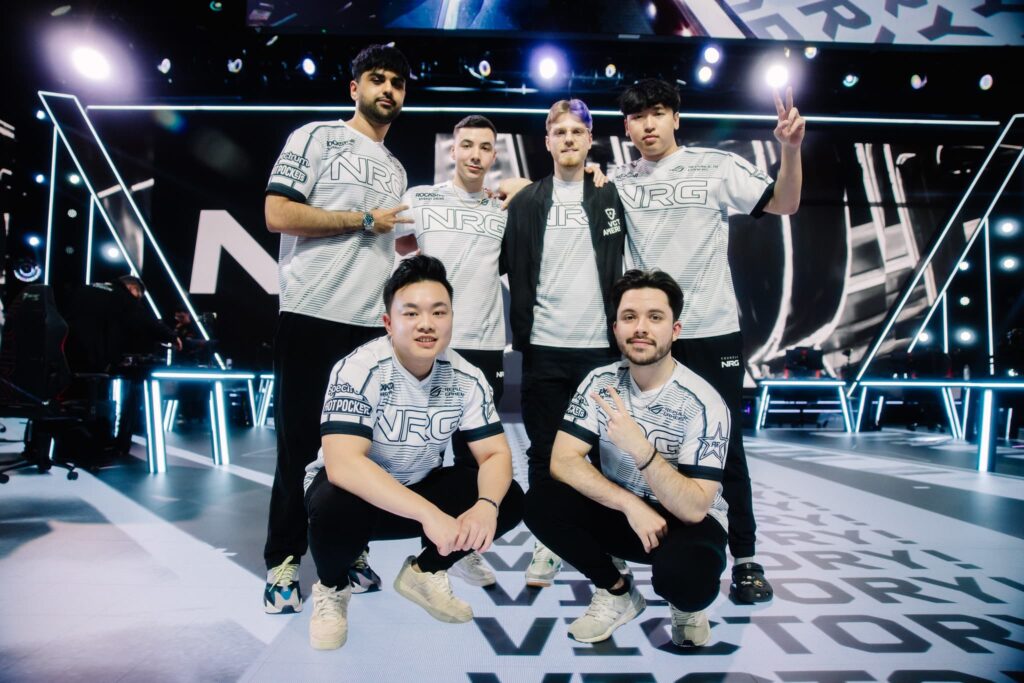 NRG, who plays LEV during Week 3, are seen onstage after victory against FURIA Esports during Week 2 of VCT Americas Stage 1 at the Riot Games Arena on April 14, 2024.