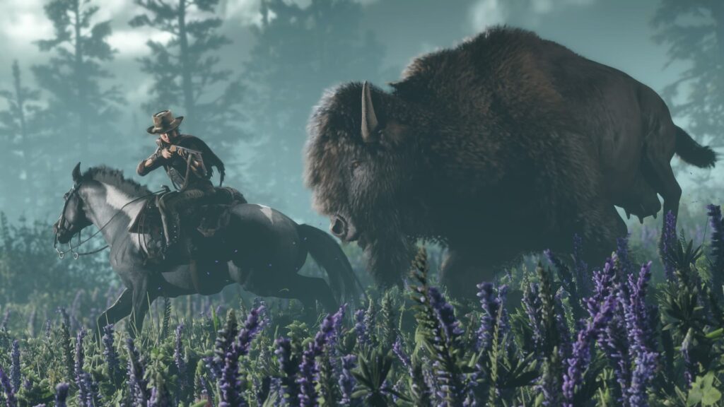 A player rides alongside a buffalo, aiming its gun at it, in Red Dead Online.