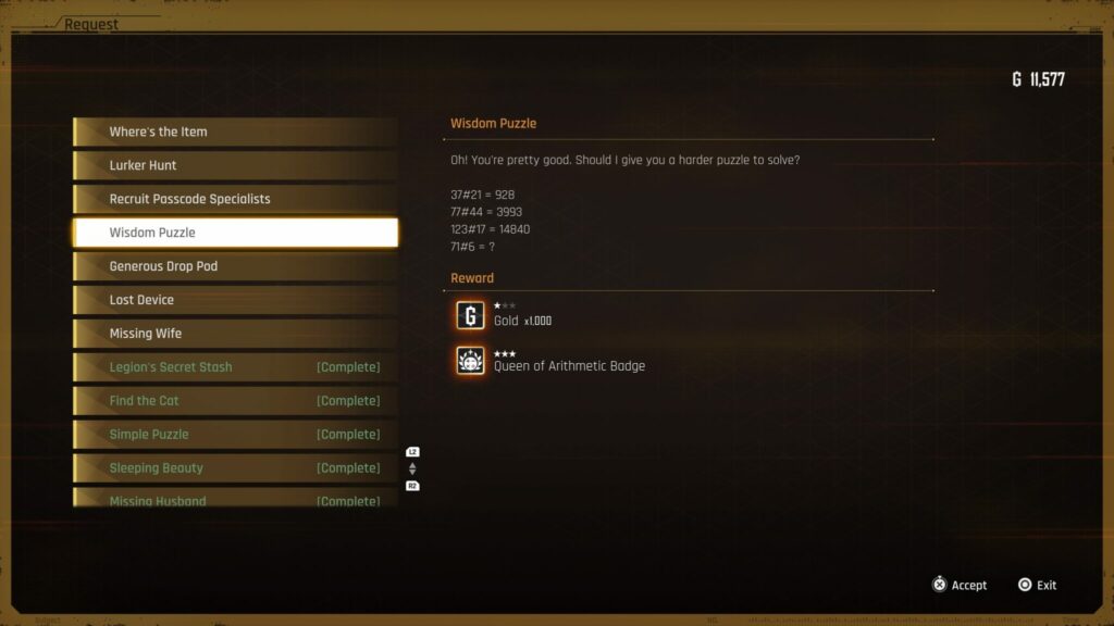 The Wisdom Puzzle request on the Stellar Blade Bulletin Board.