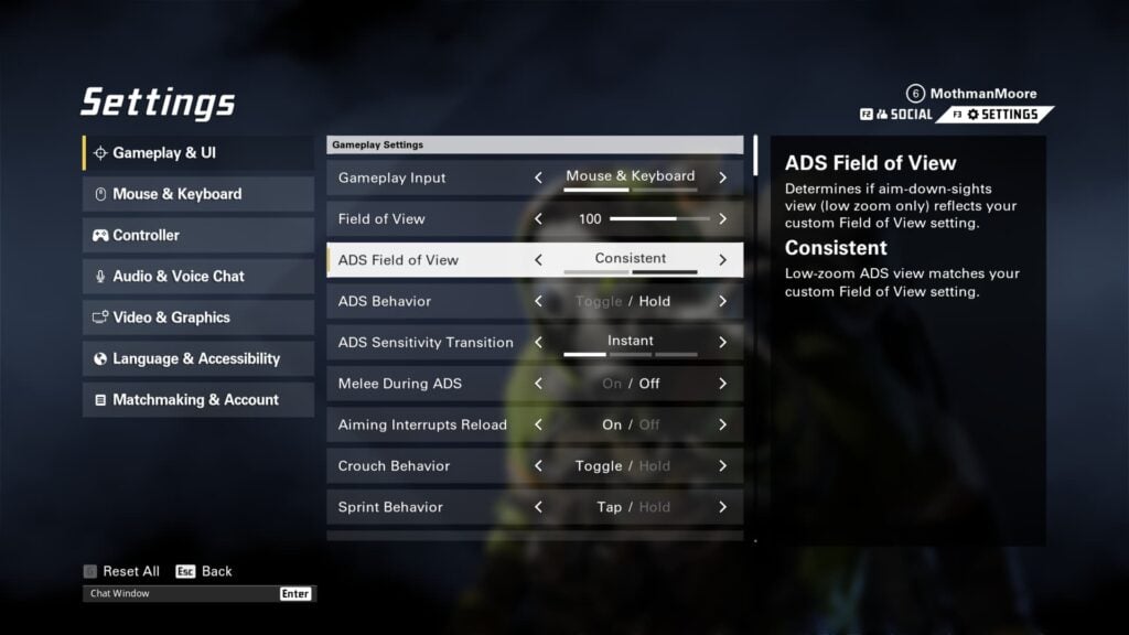 The Gameplay & UI menu.
