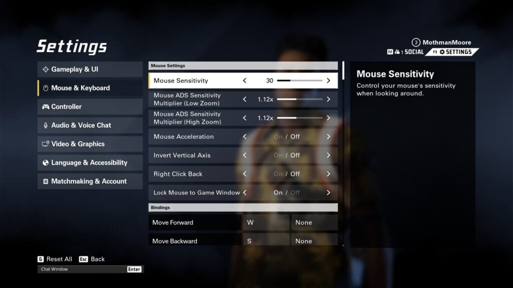 The XDefiant mouse settings with the sensitivity set to 30.