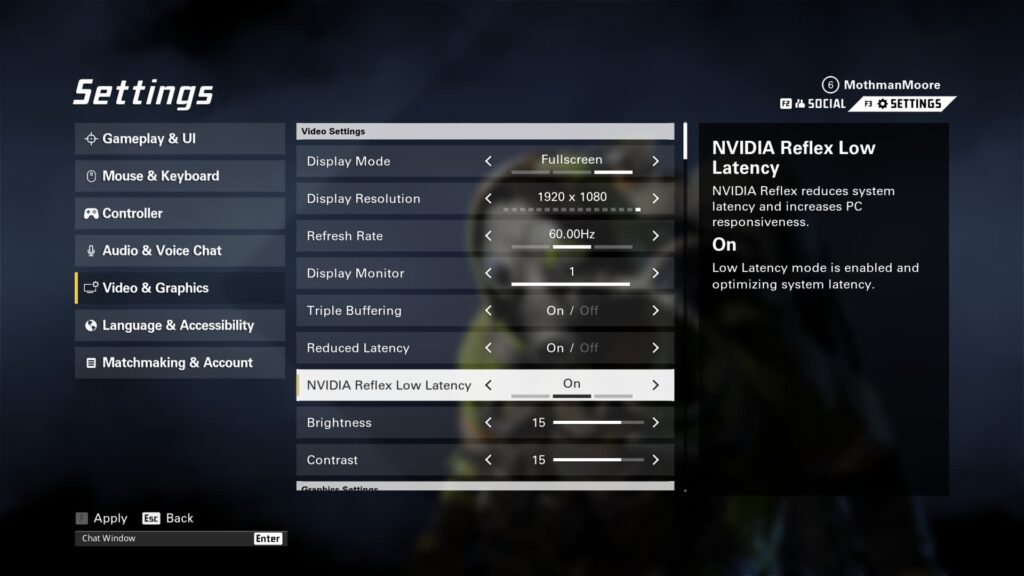 The video settings menu.