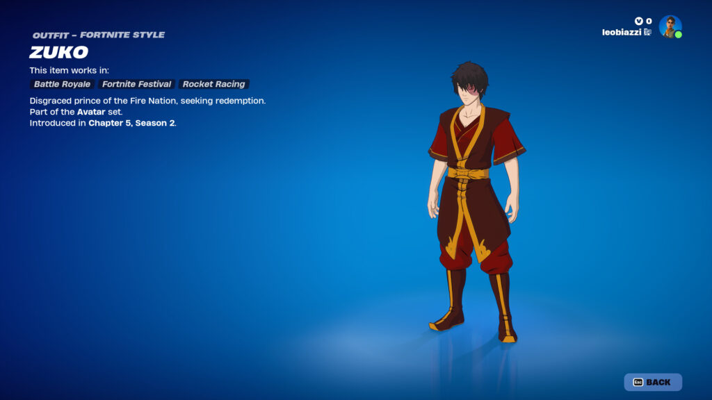 Zuko, a male character of TV show Avatar: The Last Airbender, displayed in Fortnite.