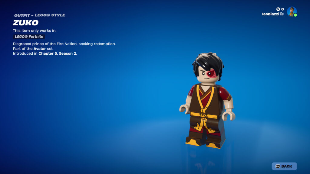 A LEGO representation of Zuko from Avatar: The Last Airbender in Fortnite.