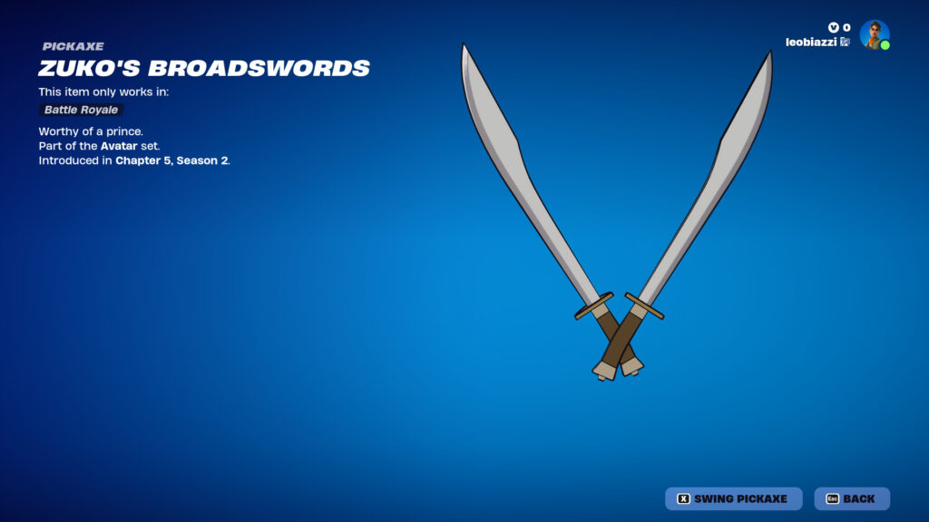 Zuko's Broadswords as a cosmetic in Fortnite.