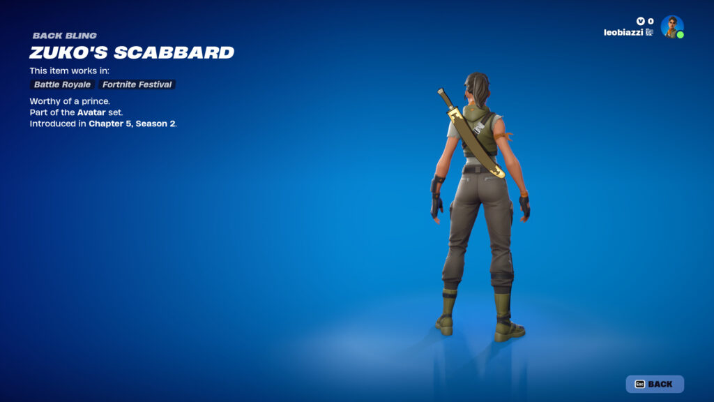 Zuko's Scabbard as a back bling in Fortnite.