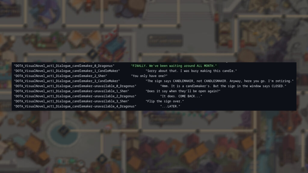A leak showing the dialogue between the Crownfall Candlemaker, Dragonus and Shen.