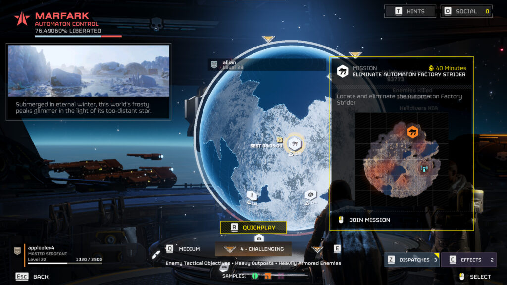 Screenshot of the Factory Strider elimination mission in Helldivers 2