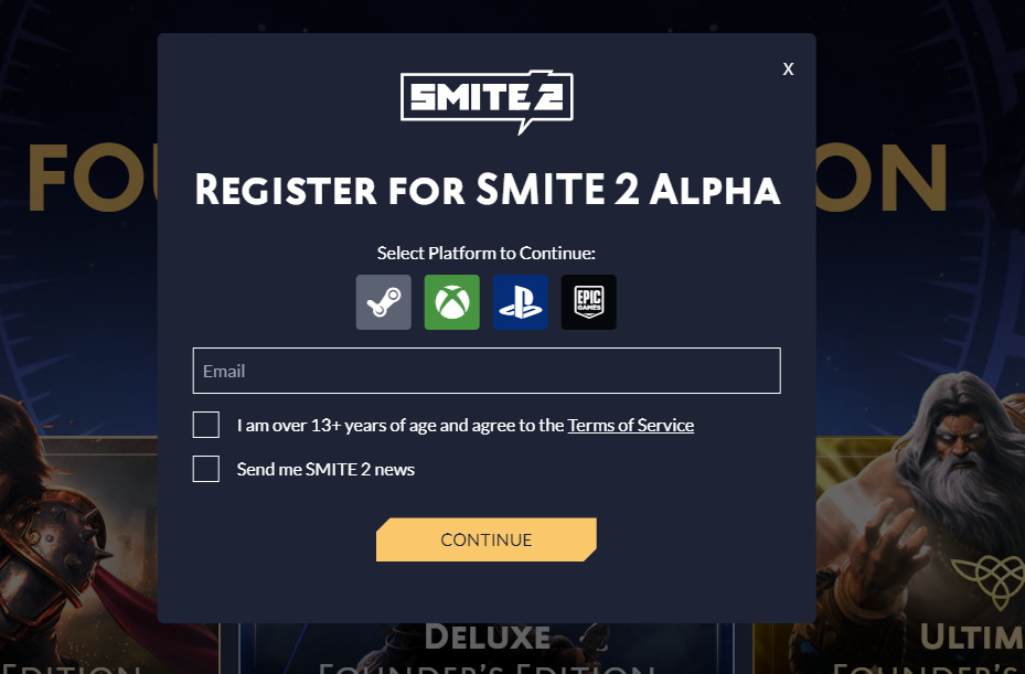 Smite 2 early access sign up page