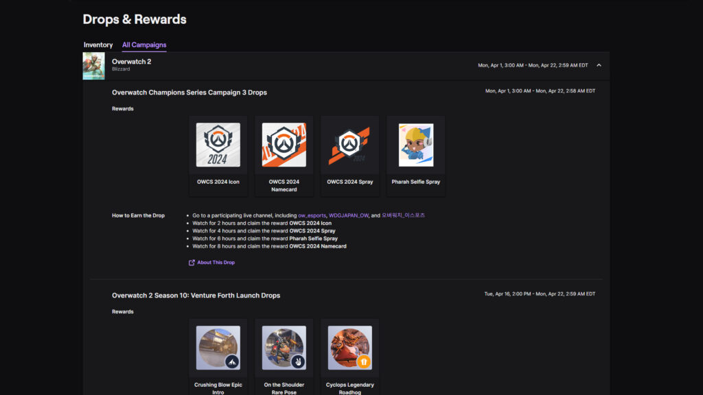 Screenshot of Overwatch 2 OWCS Twitch drops for Stage 2