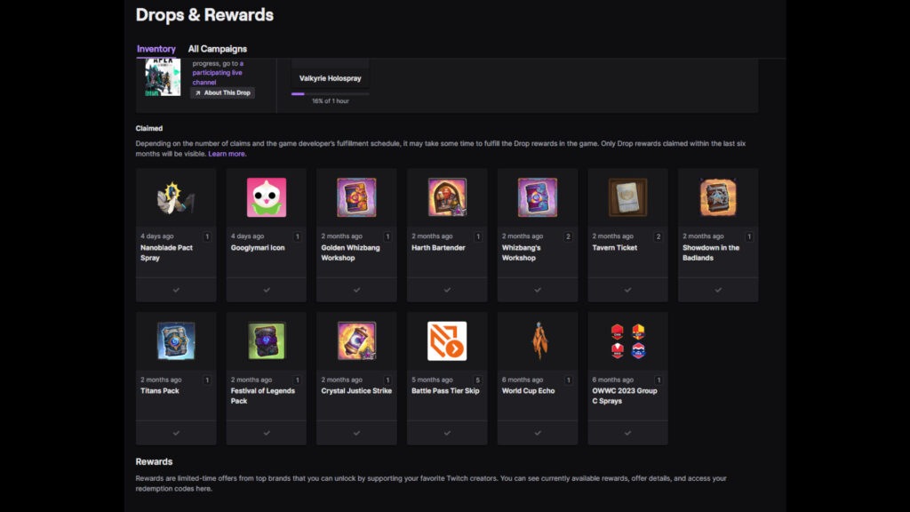 Screenshot of Twitch's inventory page