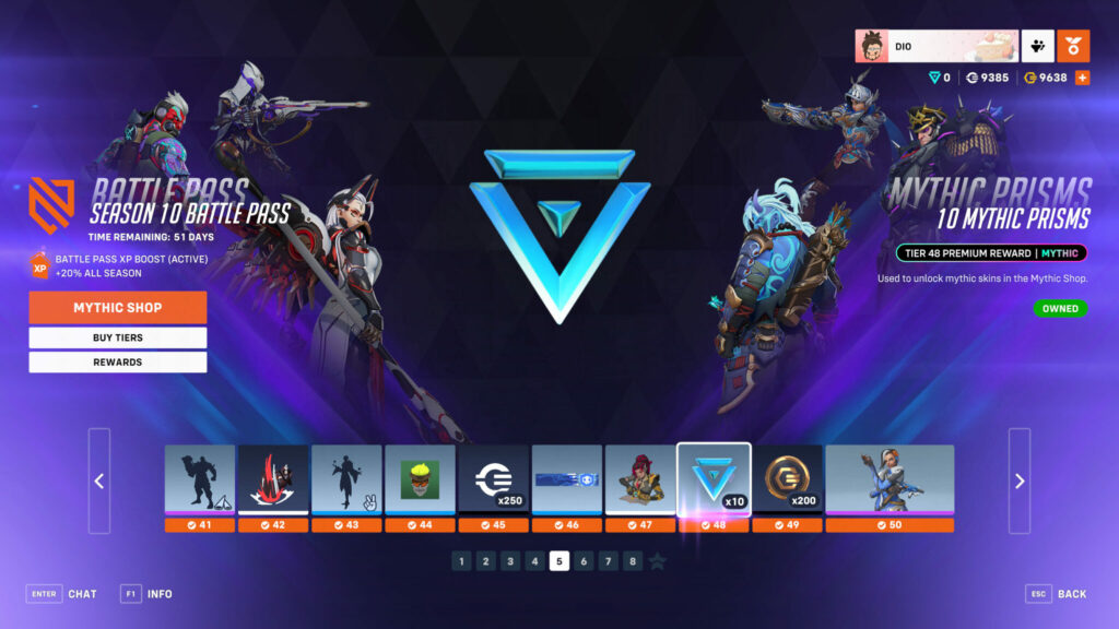 Reach tier 48 of the paid Battle Pass to obtain 50 Mythic Prisms