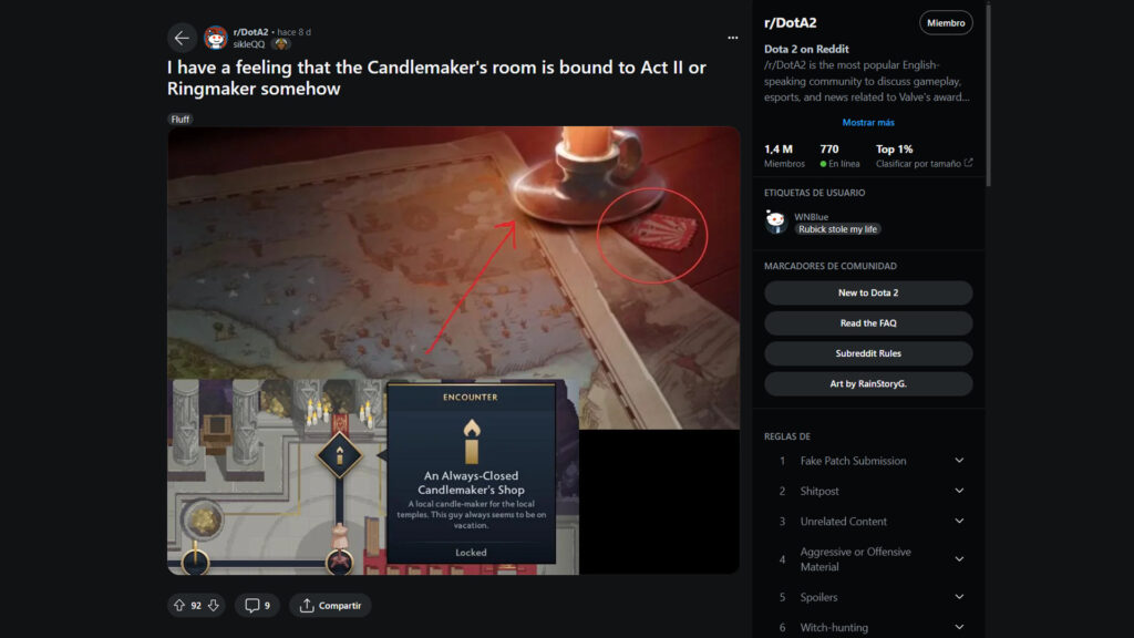 A theory made by a reddit user, showing a connection between the Dota 2 Crownfall Candlemaker and Ringmaster