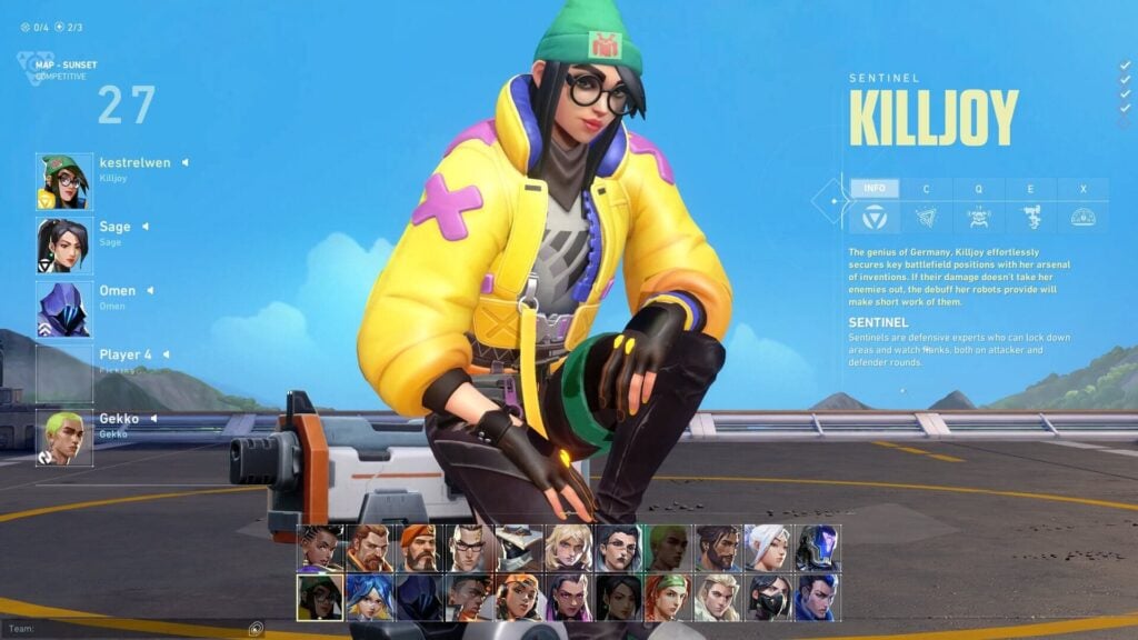 The VALORANT Agent select screen, with Killjoy chosen and the rest of the team in process of choosing.