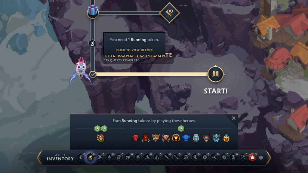 A picture showing the first mission on the Overworld Map to start unlocking the Dota 2 Crownfall event story