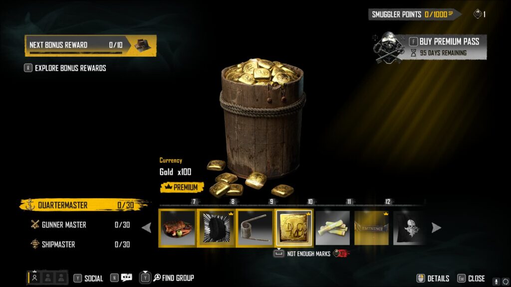 Gold x100 in the Skull and Bones Season 2 Smuggler Pass.