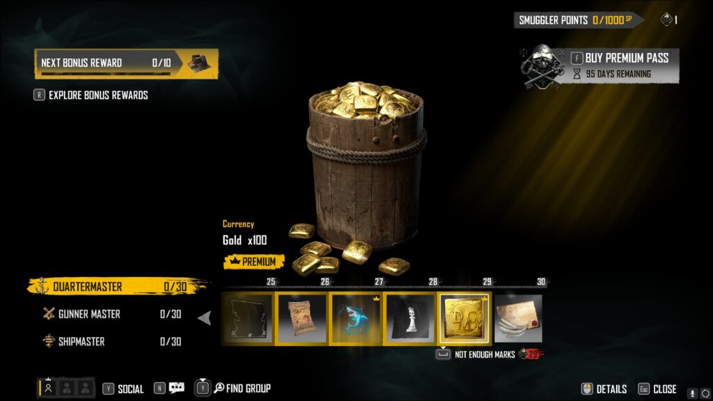 Gold x100 in the Skull and Bones Season 2 Smuggler Pass.
