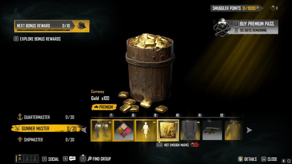 Gold x100 in the Skull and Bones Season 2 Smuggler Pass.
