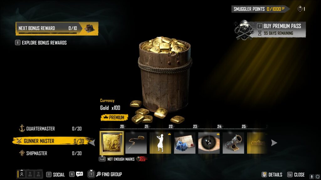 Gold x100 in the Skull and Bones Season 2 Smuggler Pass.