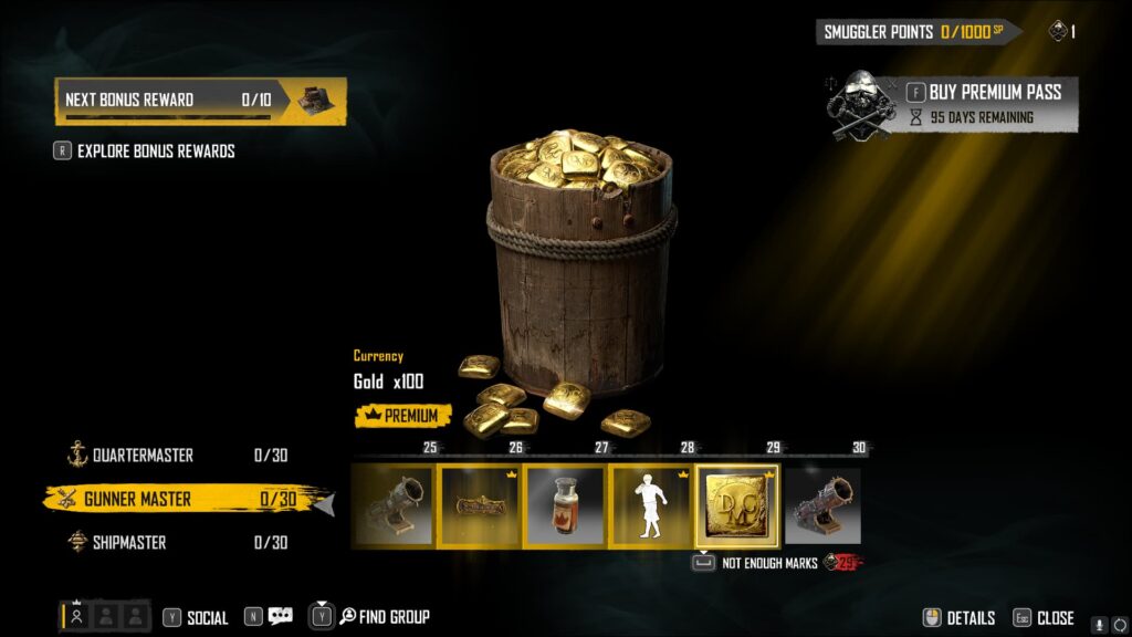 Gold x100 in the Skull and Bones Season 2 Smuggler Pass.