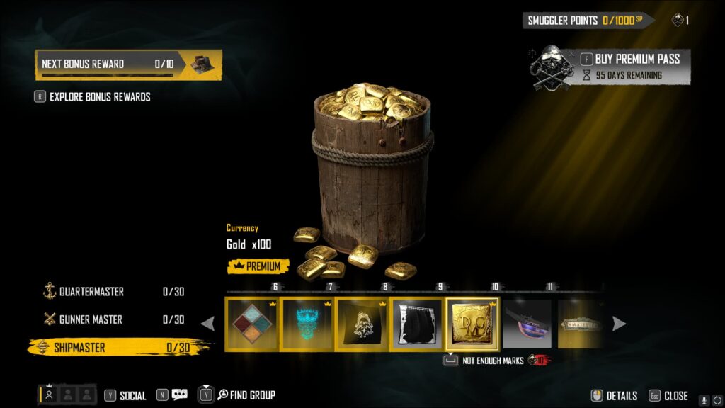 Gold x100 in the Skull and Bones Season 2 Smuggler Pass.