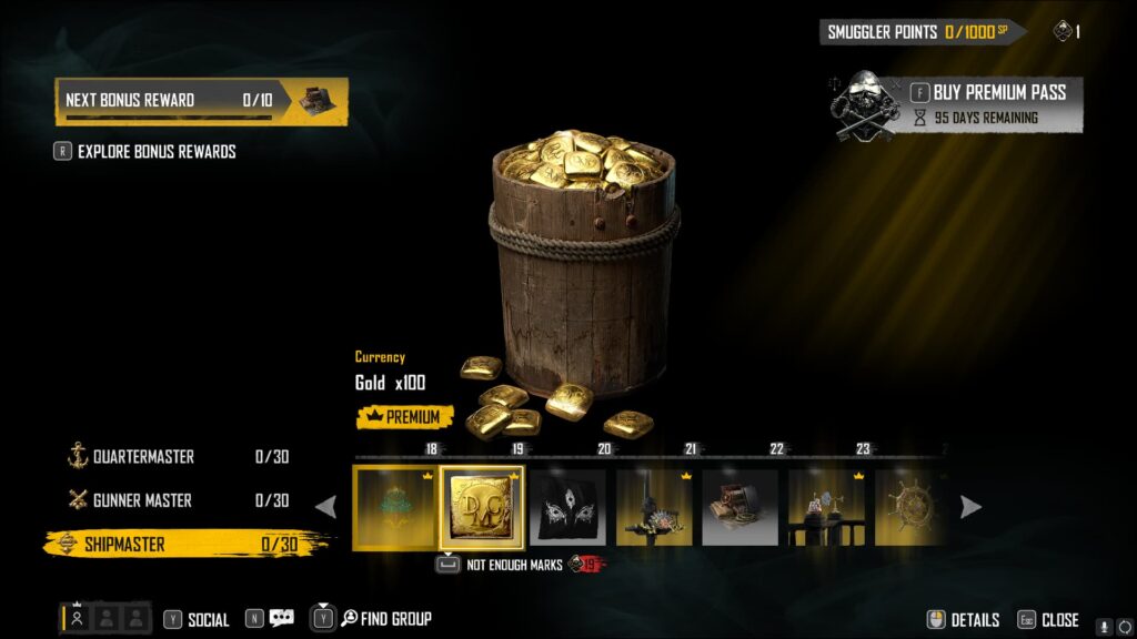 Gold x100 in the Skull and Bones Season 2 Smuggler Pass.