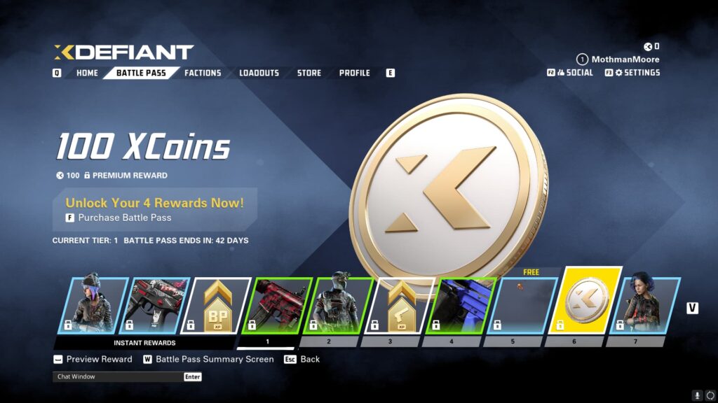 100 XCoins in the XDefiant Preseason Battle Pass.