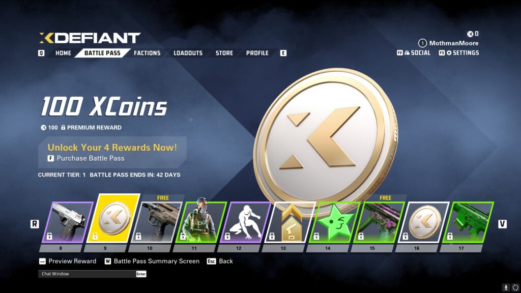 100 XCoins in the XDefiant Preseason Battle Pass.
